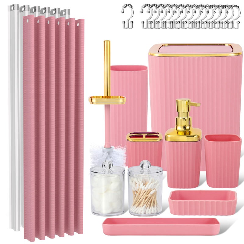 Viowil Pink Bathroom Set, 23 PCS Pink Bathroom Accessories Set with Shower Curtains, Trash Can, Toothbrush Holder, Soap Dispensers, Toothbrush Cup, Vanity Tray, Soap Dish, Toilet Brush, Qtip Holders - Image 1